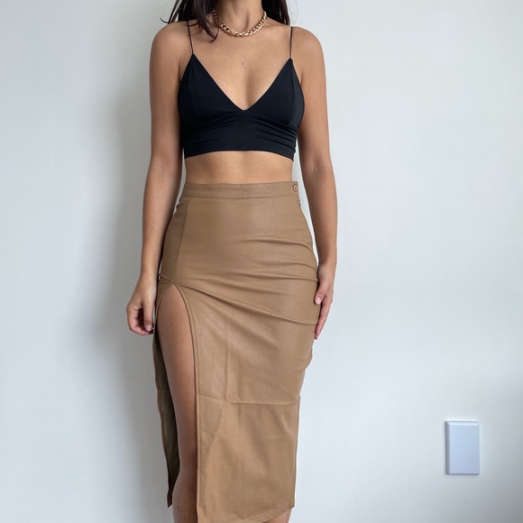 Hot Miami Styles Dresses & Skirts - Hot Miami Styles Mocha Faux Leather Front Slit Skirt